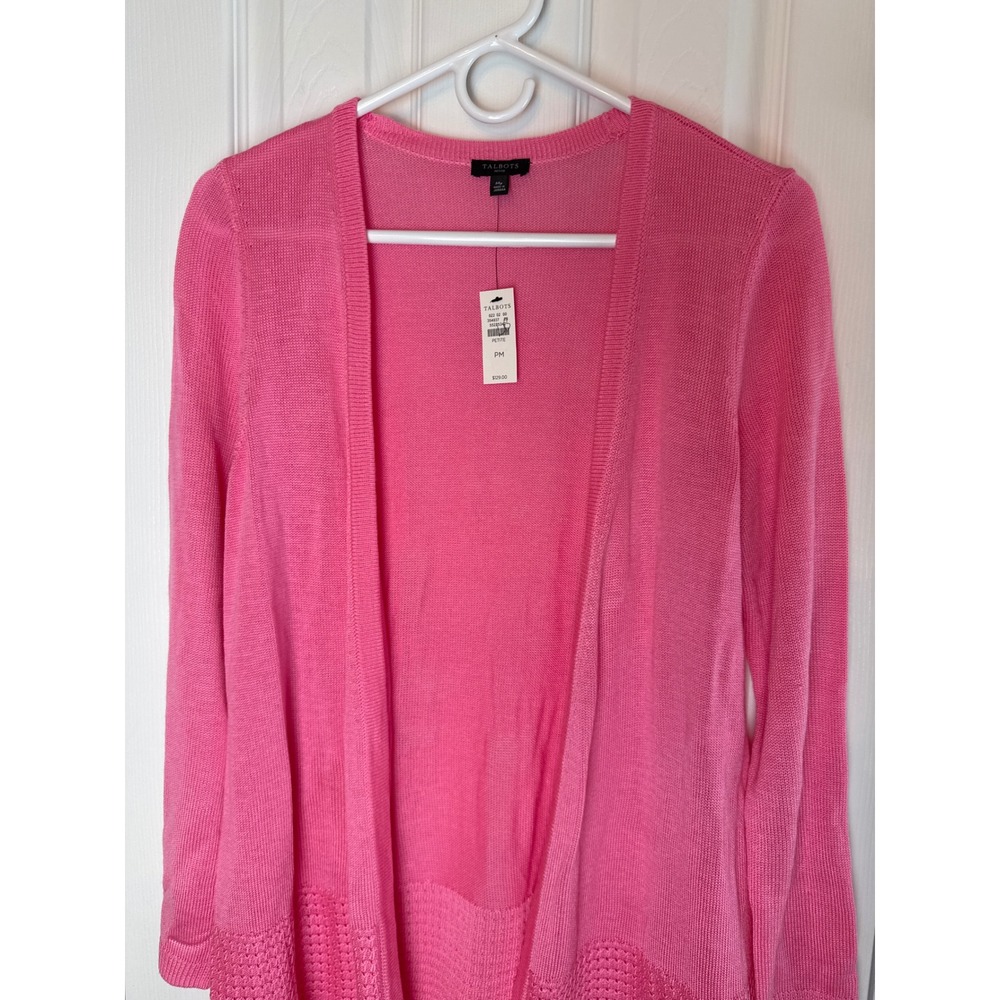Talbots Petites Pink Pointelle Open Front Cardigan PM Fringe Hem NWT $129